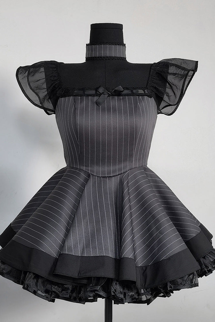 Grey Stripe Print Ruffle Bowknot Gothic Japanese Maid Lolita Dress - Product - 3