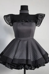 Grey Stripe Print Ruffle Bowknot Gothic Japanese Maid Lolita Dress - Product - 3