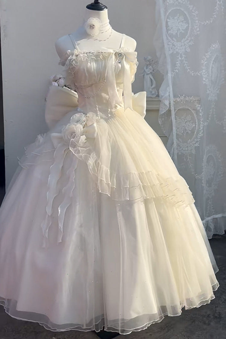 Apricot [Bright Stars] Off Shoulder Ruffle Bowknot Asymmetric Sweet Elegant Princess Lolita Dress - Product - 3