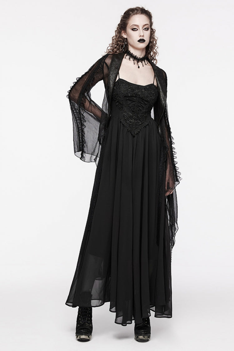Black Floral Embroidery Lace-Up Women's Gothic Slip Dress - Product - 4