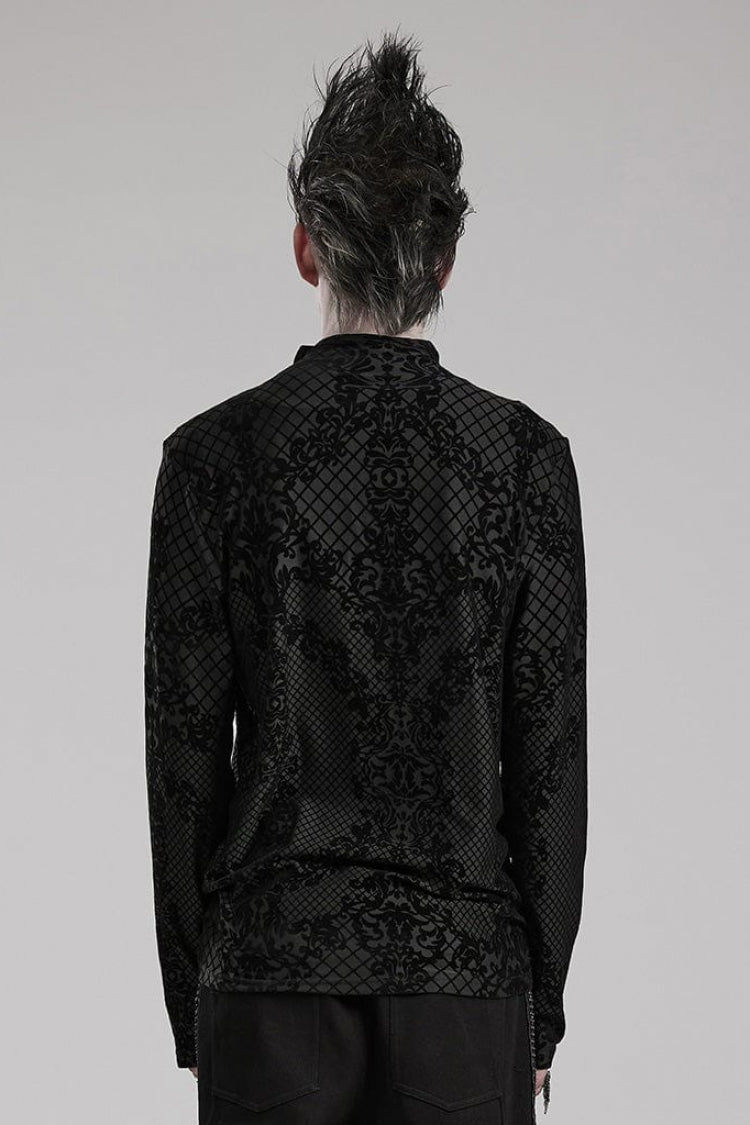Black High Collar Long Sleeves Flocking Print Mens Gothic T-Shirt - Product - 3