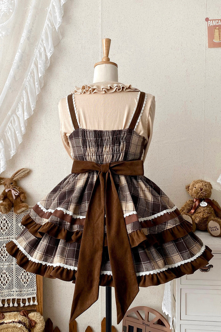 Brown [Caramel Cocoa] Double-Layered Print Ruffle Bowknot Sweet Lolita Jsk Dress - Product - 9