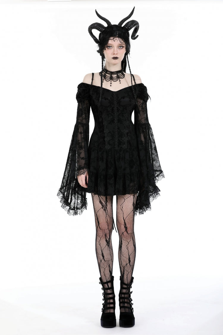 Black Off Shoulder Long Trumpet Sleeves Velvet Spliced Mesh Women's Gothic Graduation Dress - Product - 5