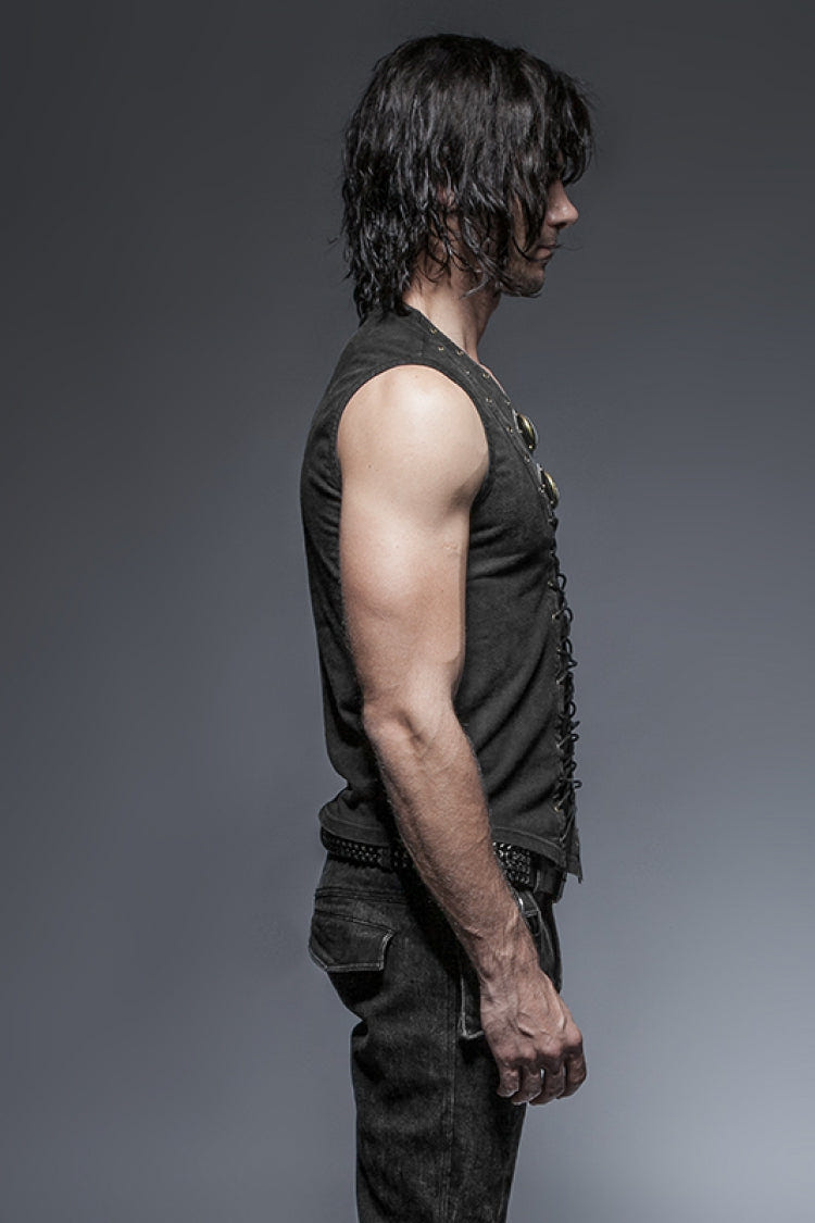 Black V Collar Sleeveless Metal Rings Cross Lace-Up Men's Steampunk Vest - Product - 2