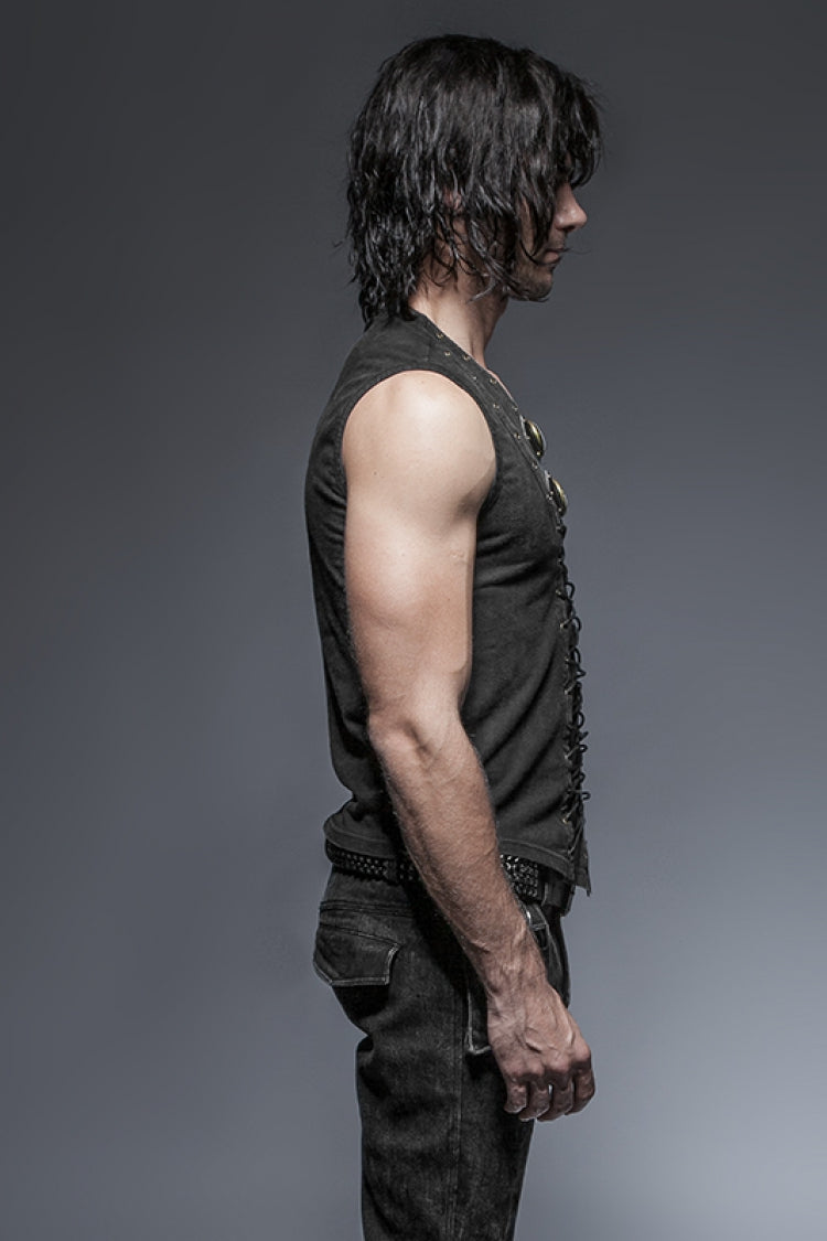 Black V Collar Sleeveless Metal Rings Cross Lace-Up Men's Steampunk Vest - Product - 2