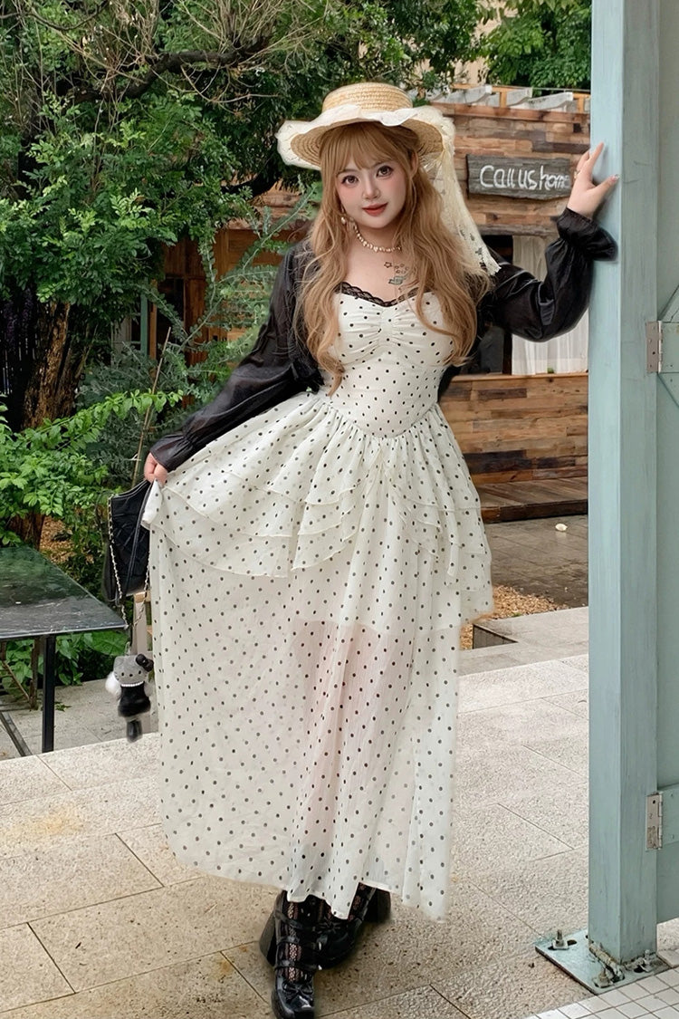 Black/White Square Collar Sleeveless Polka Dot Printed Ruffled Lace Sweet Plus Size Lolita Jsk Dress - Black/White - 1