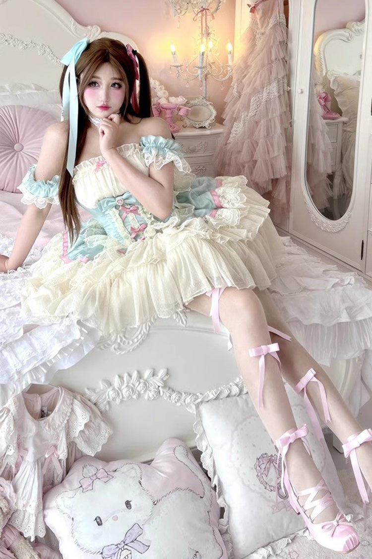 Blue/White [Girly Scent] Triple-Layered Ruffle Bowknot Lace Sweet Ballet Lolita Dress - Product - 8