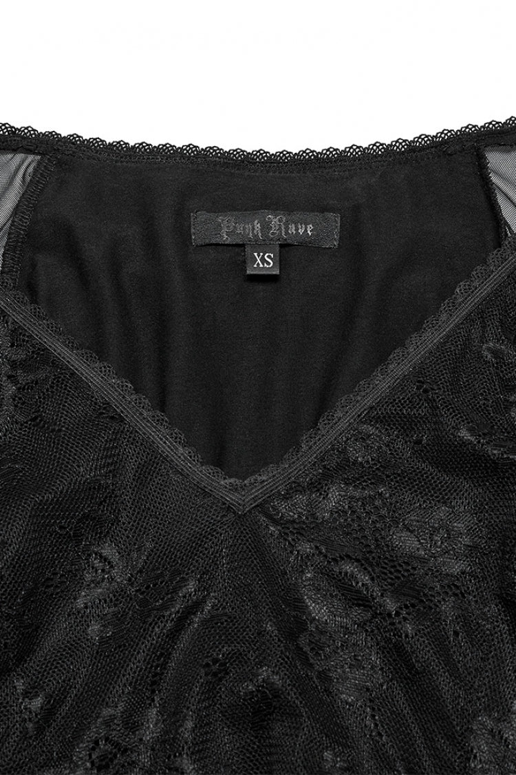Black Long Plunging Batwing Sleeves Hollow Embroidery Women's Punk Dress - Product - 5