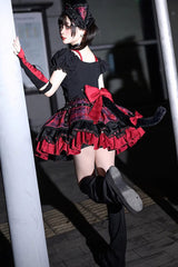Black/Red Print Ruffle Lace-Up Gothic Japanese Princess Lolita Skirt Set - Product - 4