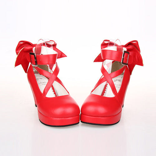 Pure Color Cute Bowknot Sweet Lolita High Heel Shoes - Red - 4