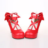 Pure Color Cute Bowknot Sweet Lolita High Heel Shoes - Red - 4