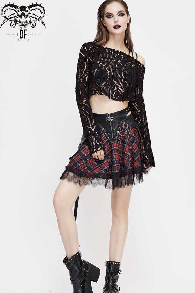 Black Long Sleeve Hollow Out Irregular Collar Coarse Wax Rope Straps Women's Punk Shirt - Product - 3