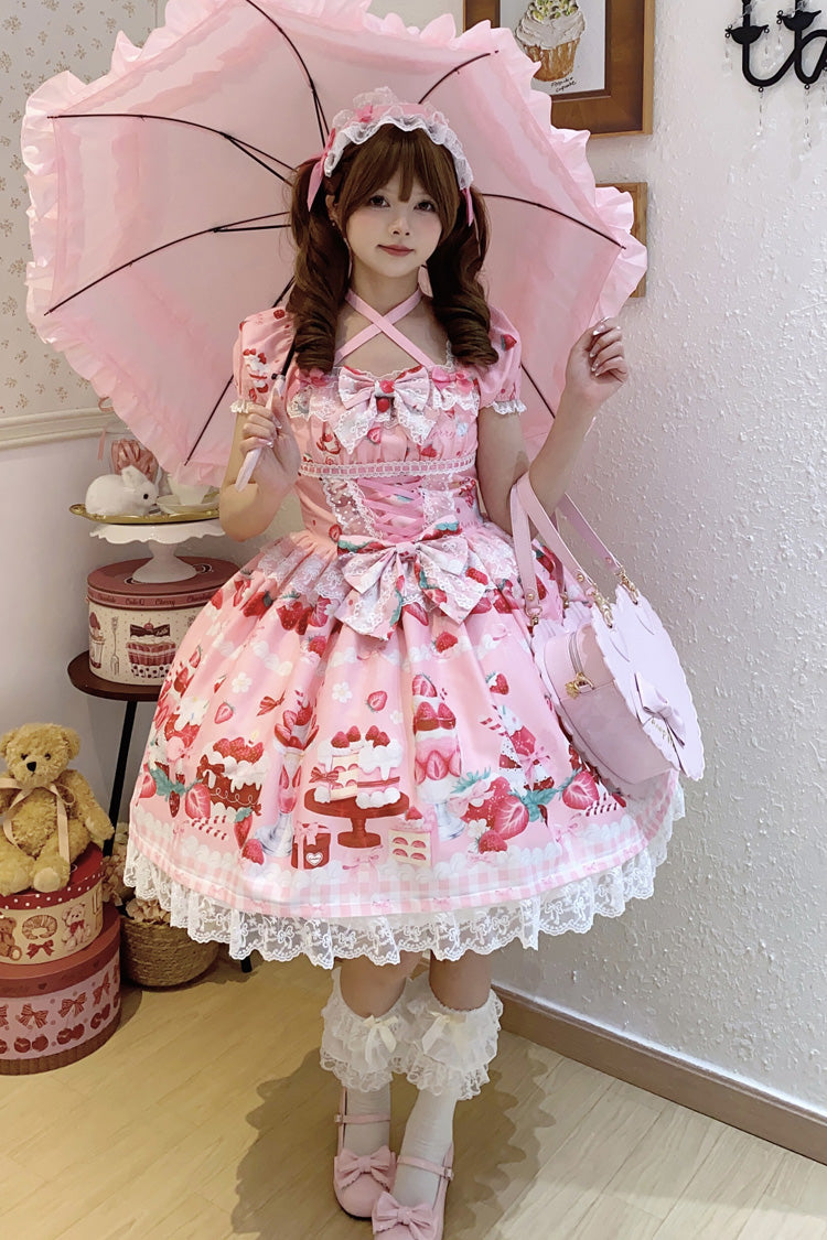 Pink [Strawberry Parfait] Print Short Sleeves Ruffle Bowknot Lace Lace-Up Sweet Lolita Dress - Product - 6