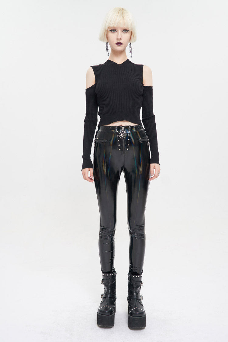 Black Hooded Off-The-Shoulder Back Cutout Rope String Upside Down Pentagram Wool Knit Long Sleeve Women's Punk Sweater - Product - 4