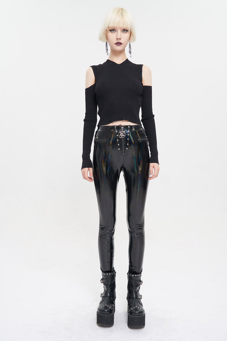 Black Hooded Off-The-Shoulder Back Cutout Rope String Upside Down Pentagram Wool Knit Long Sleeve Women's Punk Sweater - Product - 4