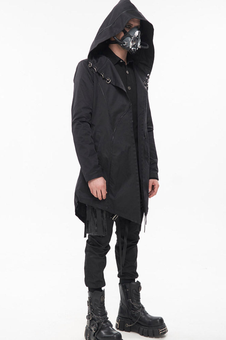 Black Punk Back Splicing Straps Design Windproof Fabric Daily Matching Hooded Casual Men's Coat - Product - 4