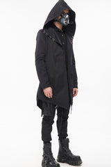 Black Punk Back Splicing Straps Design Windproof Fabric Daily Matching Hooded Casual Men's Coat - Product - 4