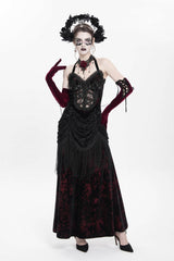 Red Sleeveless Hollow Floral Embroidery Lace-Up Pleated Women's Gothic Maxi Dress - Product - 2