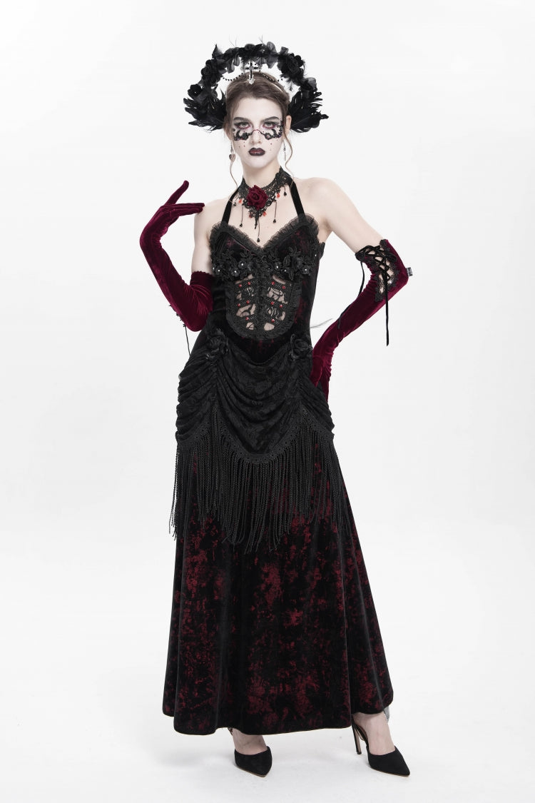 Red Sleeveless Hollow Floral Embroidery Lace-Up Pleated Women's Gothic Maxi Dress - Product - 2