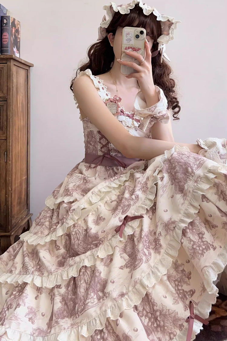 Smoky Purple [Grape Moon Almanac] Sleeveless Multi-Layered Printed Ruffled Bow Adjustable-Length Sweet Lolita Jsk Dress - Product - 5