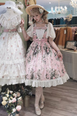 Pink Elegant Vintage French Rose Print Square Collar Ruffled Classic Lolita OP Dress - Product - 2