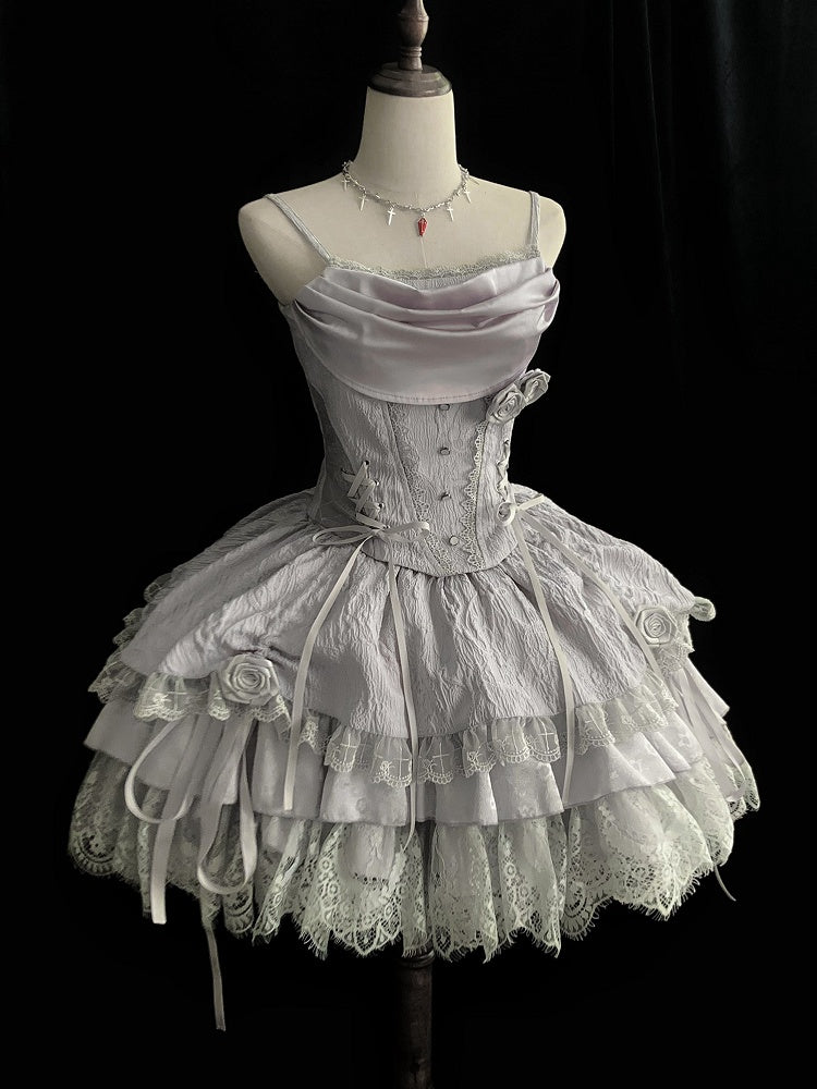 Silver-Gray Gothic Witch Lolita Layered Skirt Set detail view 3