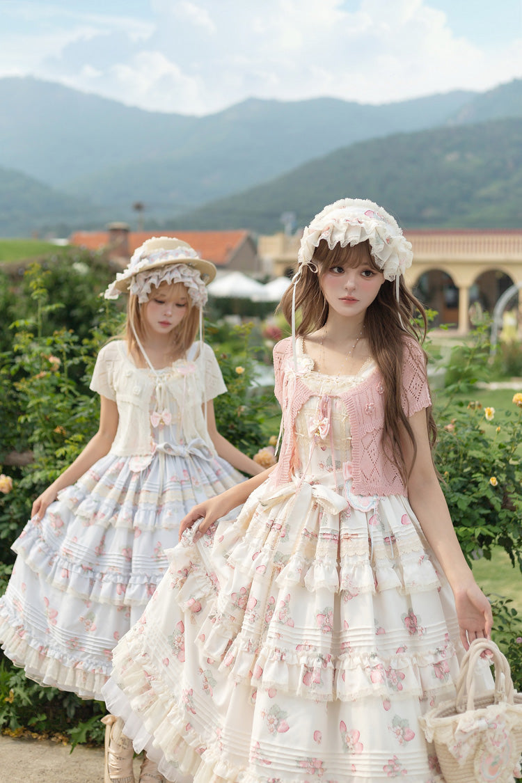 [Strawberry Garden] Sleeveless Multi-Layered Printed Ruffled Bow Sweet Lolita Jsk Dress 2 Colors - Product - 4