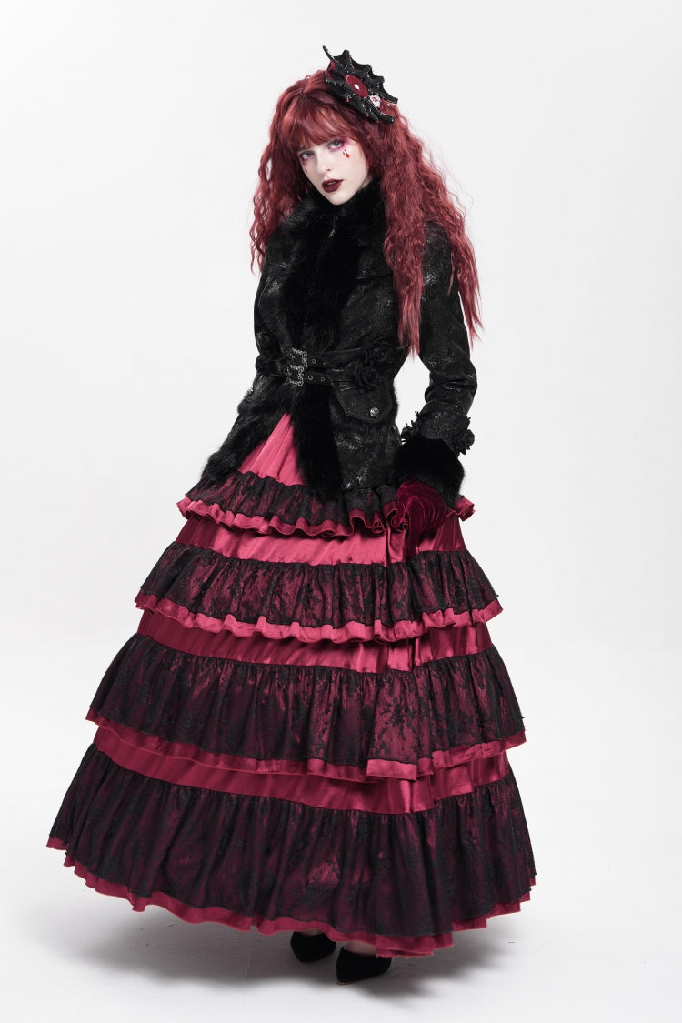 Black Long Sleeves Rose Floral Embroidery Buckle Straps Women's Gothic Coat - Product - 12