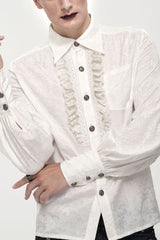 White Gothic Metal Pattern Buckle Long Sleeve Pleated Lace Lantern Shape Printing Pattern Men's Shirt - White - 1