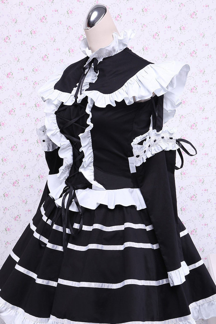 Black Cotton Stand Collar Long Sleeves Ruffled Bowknot Gothic Lolita Dress - Product - 3