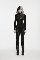 Black High Collar Long Sleeves Cut-Out Patchwork Slim Fit Asymmetric Buckled Women's Punk Cool Top - Product - 2