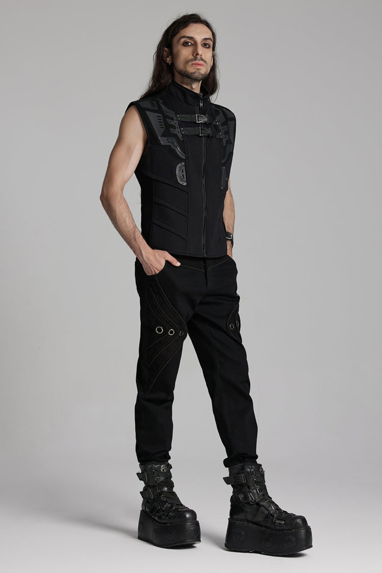 Black Sleeveless Bucke-up Zip Men's Punk Vest - Product - 4