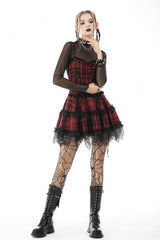 Red Sleeveless Hem Plaid Layered Lace Women's Punk Mini Strap Dress - Product - 11