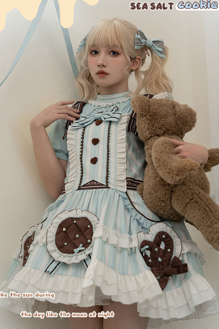 Light Blue Sea Salt Cookies Short Sleeves Print Ruffle Bowknot Sweet Lolita Dress - Product - 2