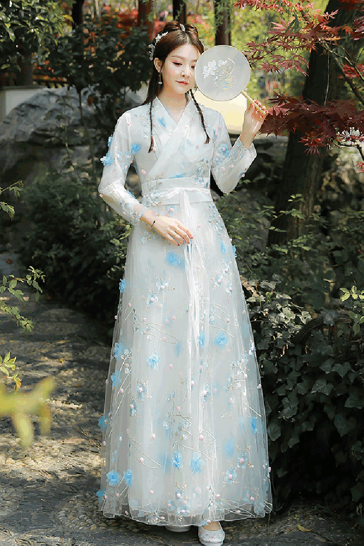 Floral Embroidery Long Sleeved Sweet Hanfu Dress - Product - 2