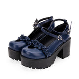 Round Toe Hollow Out Heart Shape Ruffle School Sweet Lolita Shoes - Blue - 5