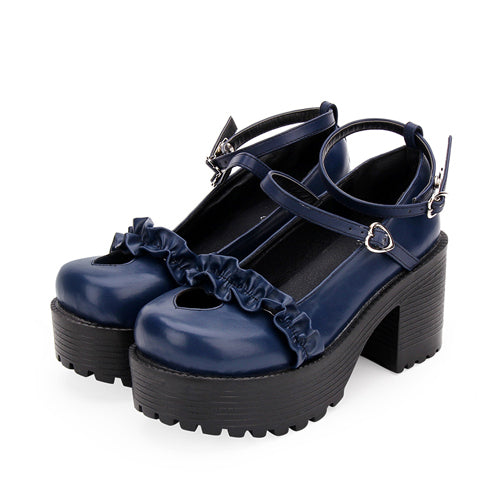 Round Toe Hollow Out Heart Shape Ruffle School Sweet Lolita Shoes - Blue - 5