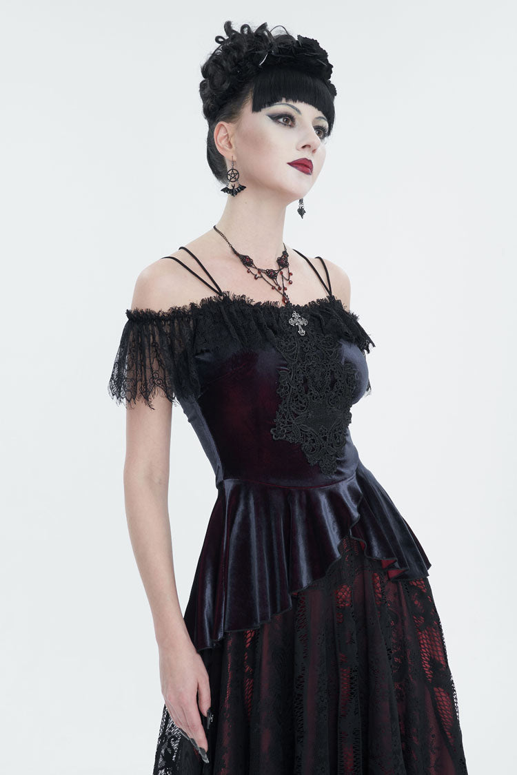 Red Stretch Velvet Eyelash Lace Short-Sleeved One-Shoulder Women's Gothic Strap T-Shirt - Product - 3