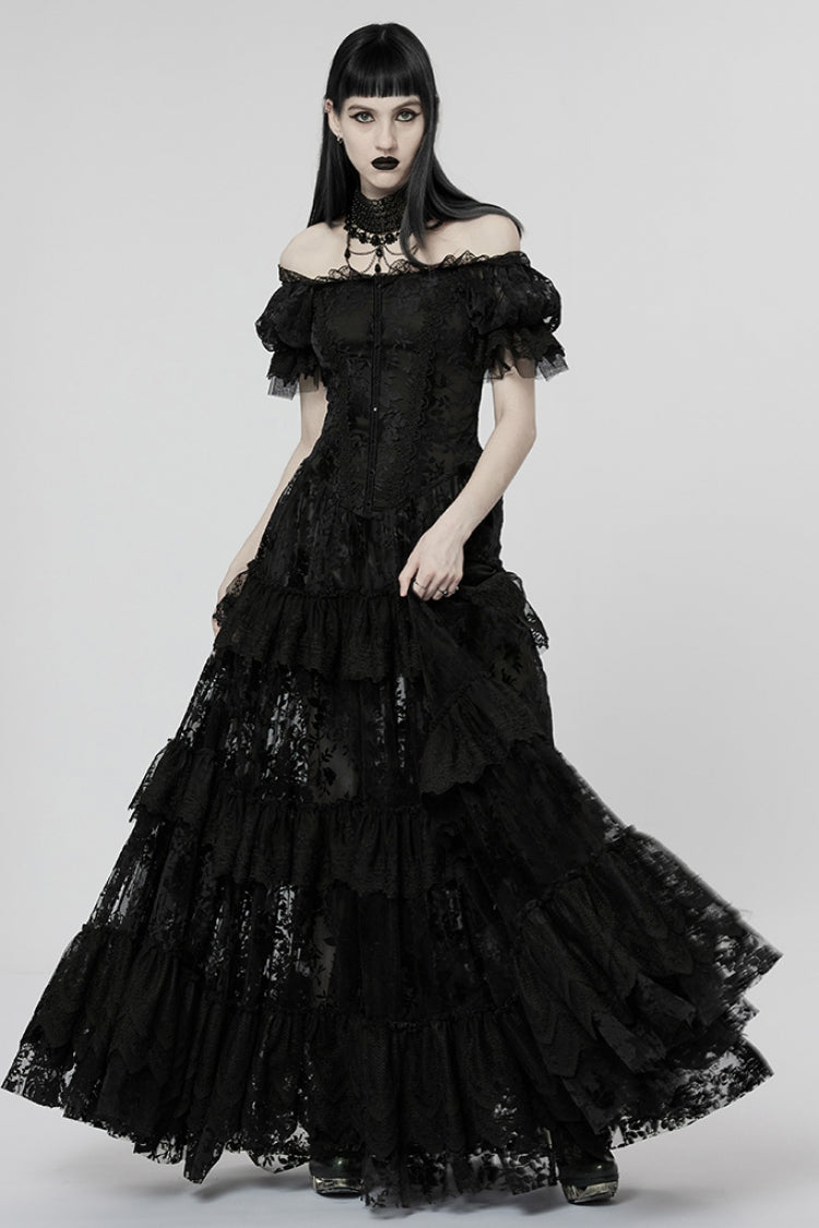 Short Puff Sleeves Print Ruffle Lace Women's Gothic Dress 2 Colors - Product - 4