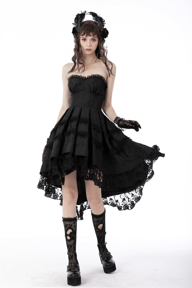 Black Sleeveless Lace-Up Women's Gothic Lace Multi-Layered High/Low Slip Wedding Graduation Dress - Product - 7
