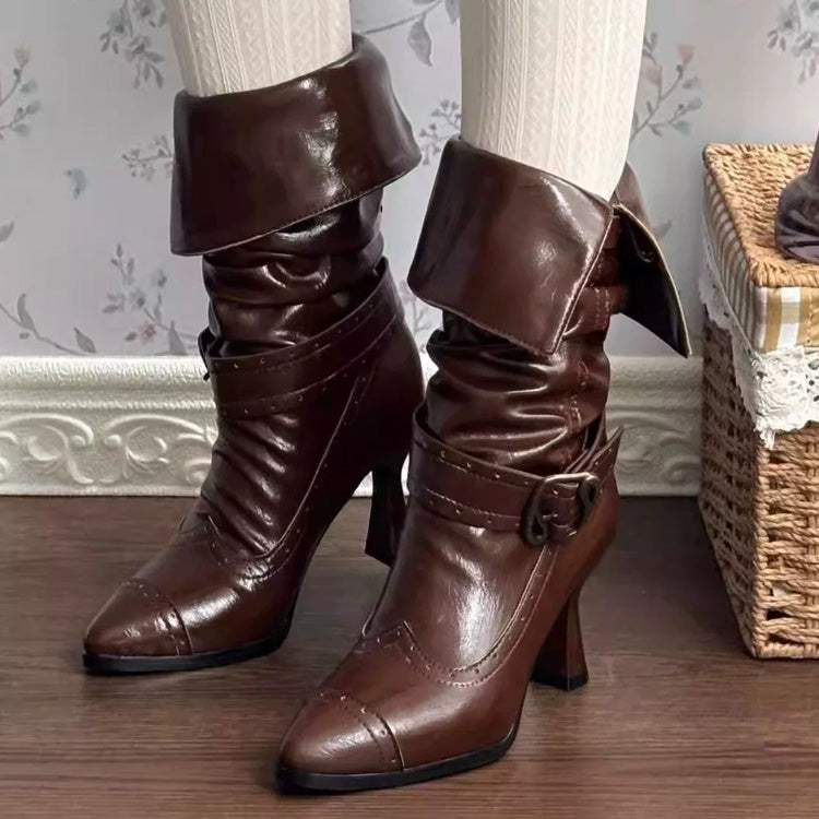 Retro Faux Leather Pointed Toe High Heel Lolita Boots 3 Colors - Light-Brown - 2