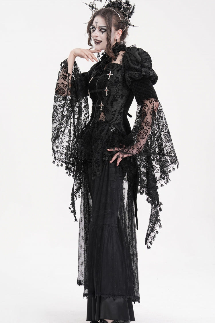 Black Long Sleeves Hollow Lace Tassels Women's Gothic Jacket - Product - 7