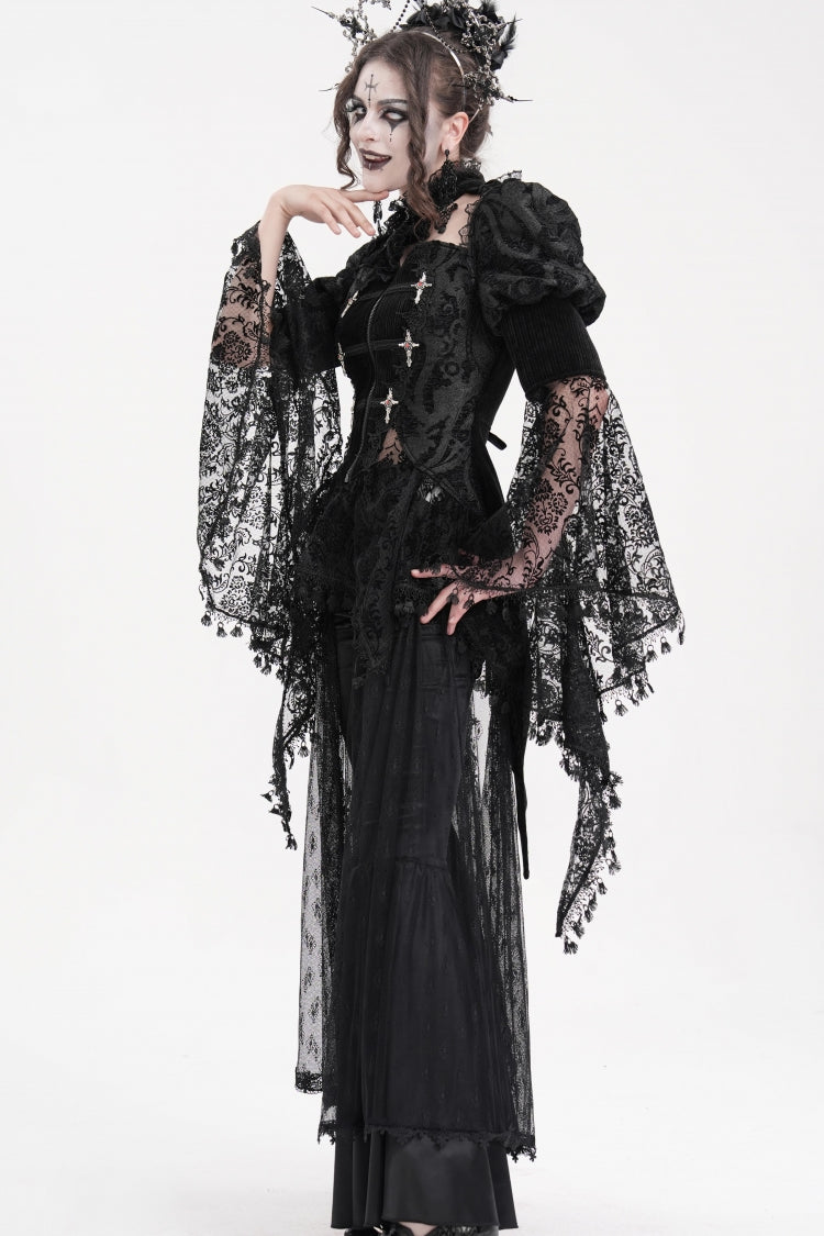 Black Long Sleeves Hollow Lace Tassels Women's Gothic Jacket - Product - 7