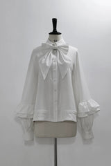 Black [Code 003] Long Sleeves Bow Vintage Elegant Prince Handsome Ouji Lolita Blouse Pants Cloak Set - White-Blouse(Only) - 18