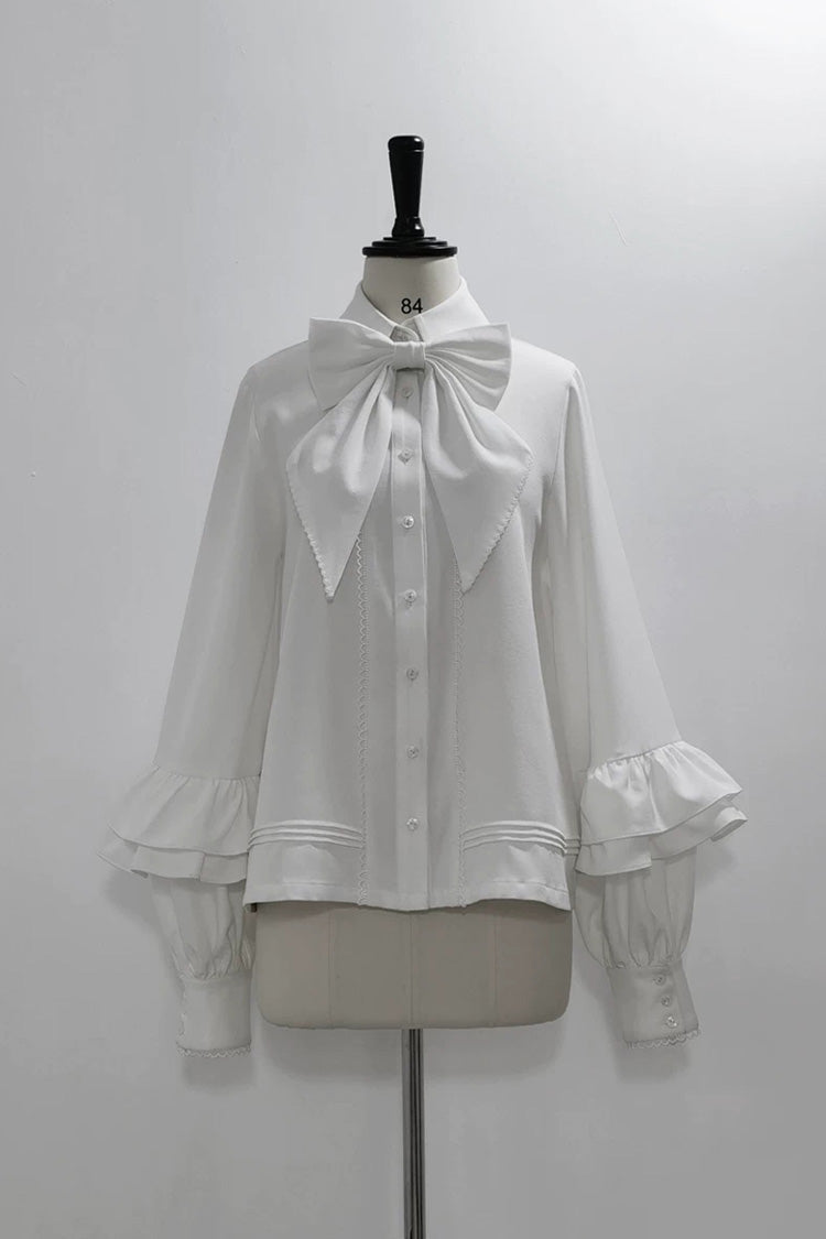 Black [Code 003] Long Sleeves Bow Vintage Elegant Prince Handsome Ouji Lolita Blouse Pants Cloak Set - White-Blouse(Only) - 18