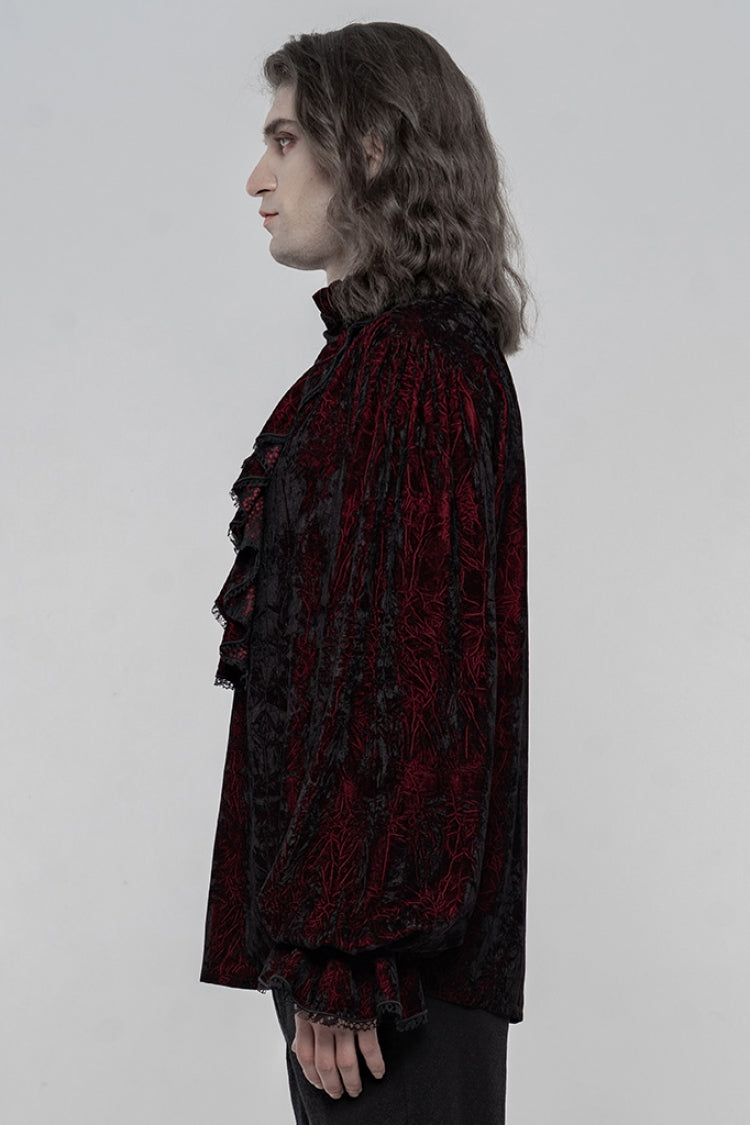 Black/Red Long Sleeves Ruffle Lace-Up Men's Gothic Blouse - Product - 2