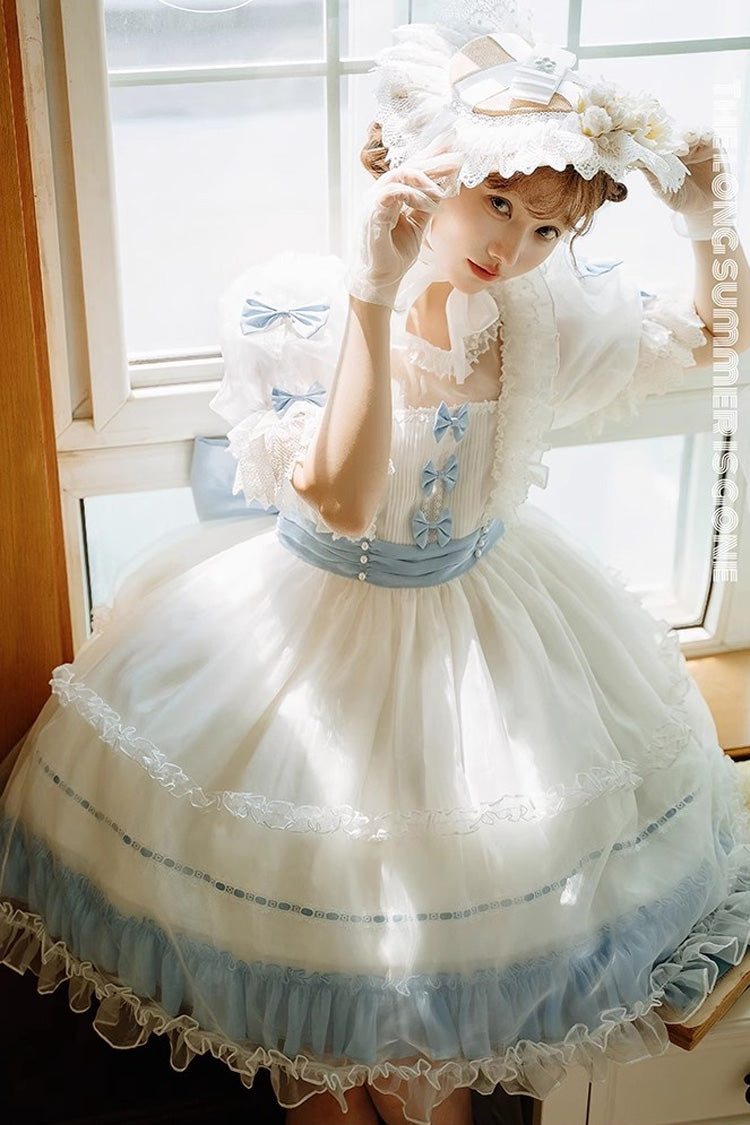 [Moonlight Sonata] Short Sleeves Ruffle Bowknot Lace Sweet Lolita Dress 4 Colors - Blue/White - 1