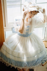 [Moonlight Sonata] Short Sleeves Ruffle Bowknot Lace Sweet Lolita Dress 4 Colors - Blue/White - 1