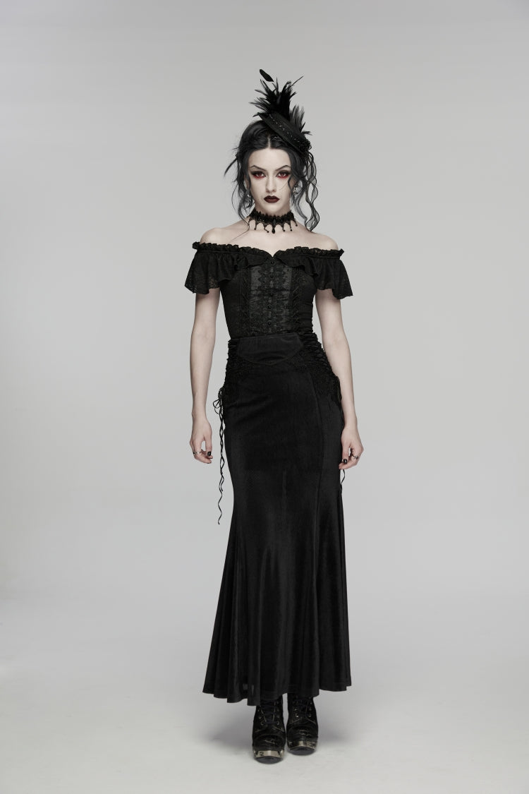 Black Embroidered Lace-Up Slim Women's Gothic Elegant Long Skirt - Black - 1
