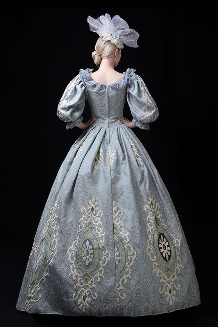 Blue Boat Neck Half Sleeves High Waisted Hollow Embroidery Floral Print Victorian Lolita Prom Dress - Product - 4